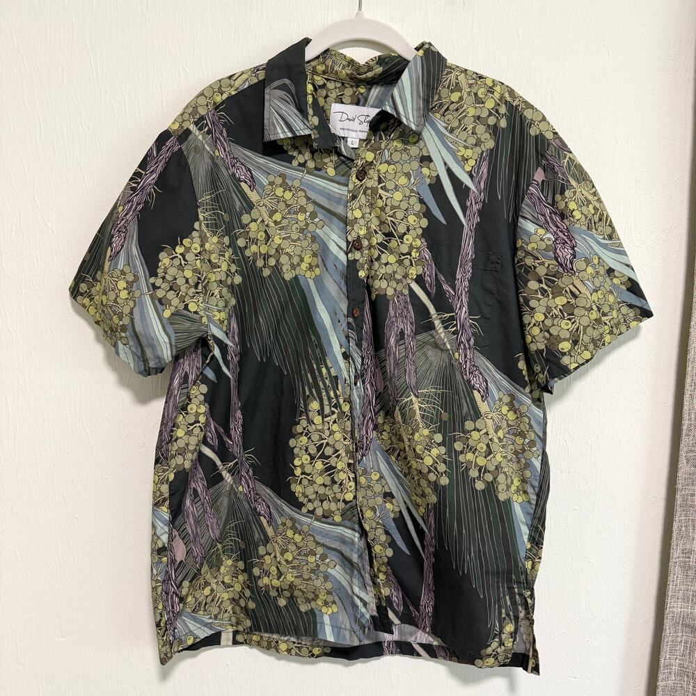 David Shepard Mens Hawaiian Button Up Shirt L Green Fan Palm Print Mouse Cotton